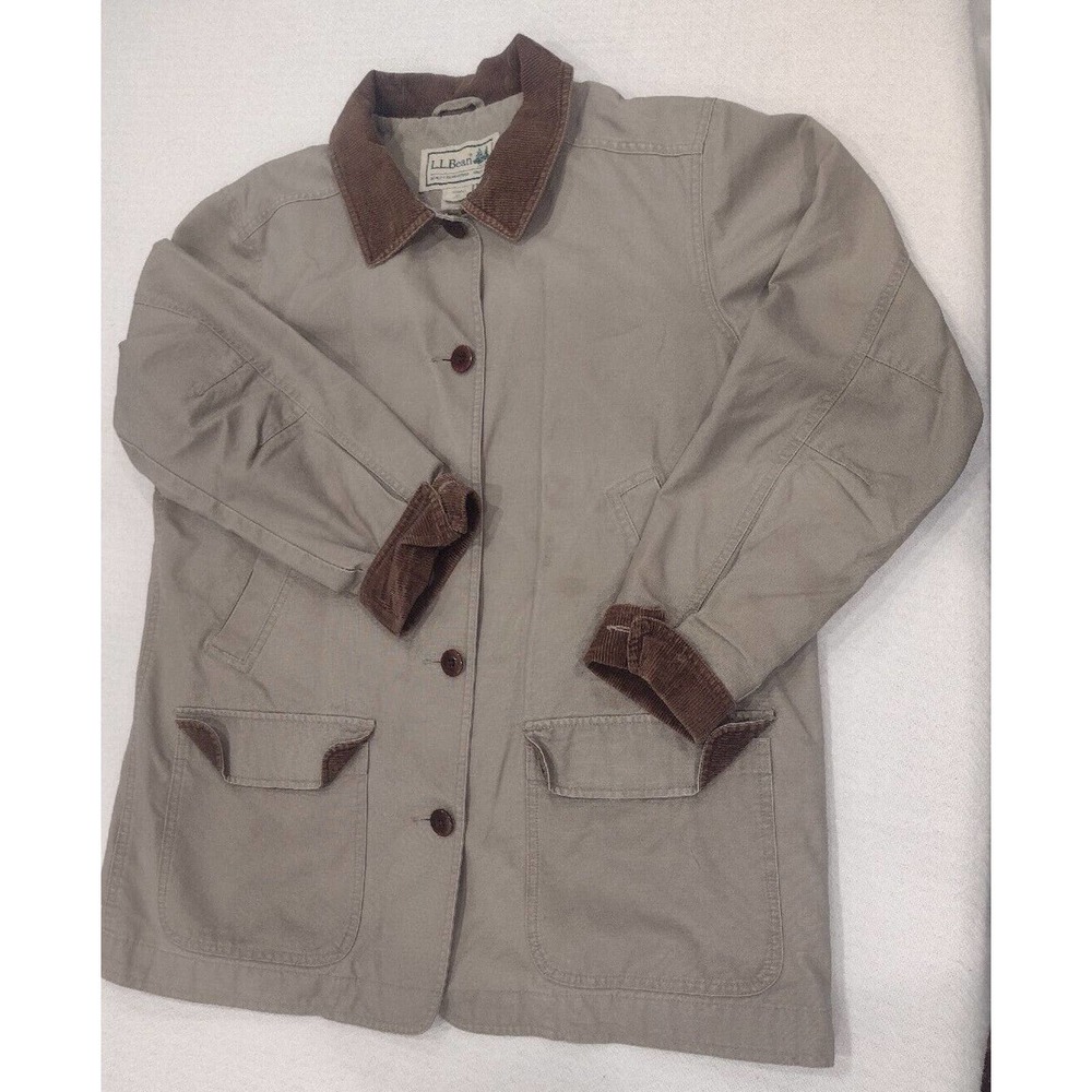 Vtg LL Bean XL Womens Barn Jacket Lined Canvas Chore Coat Corduroy Collar Green